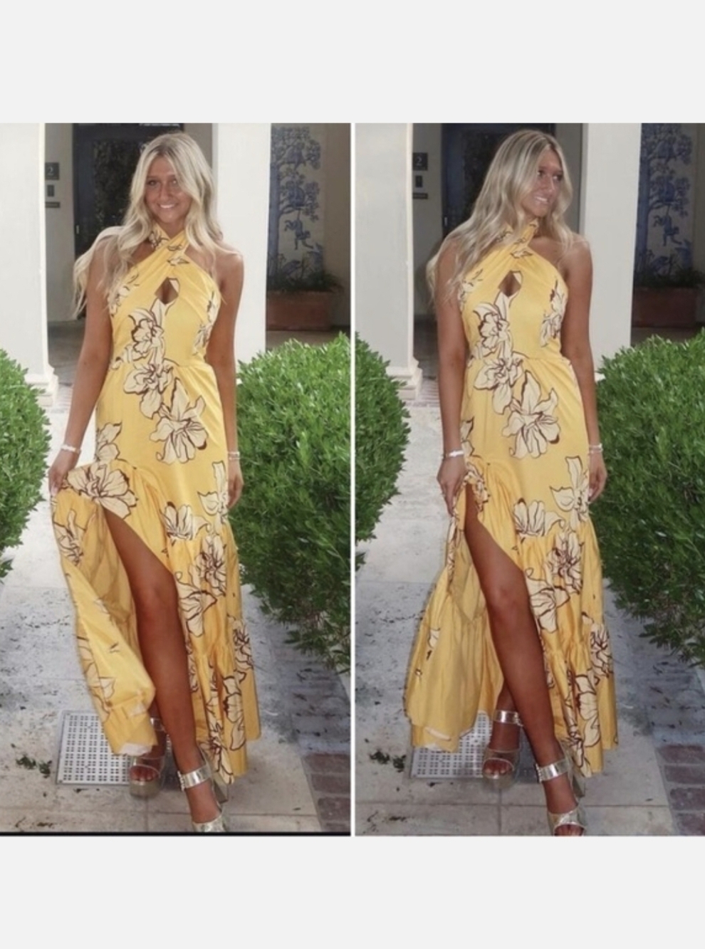 Anthropologie Hutch Yellow Floral Halter High-Slit Maxi Dress